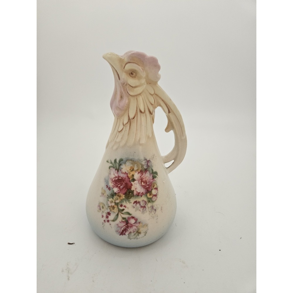 Vintage Ceramic Pitcher Rooster's Head, Hand-painted Floral Bouquet.  Austria